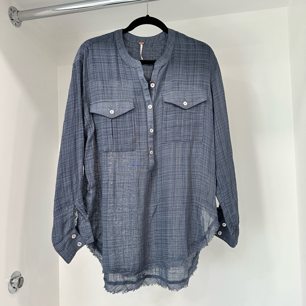 Free People Blue Linen Gauze Size Medium M top blouse shirt NWOT